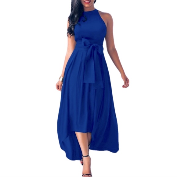 Hi Lo High Neck Belted Maxi Dress Royal Blue - Picture 2 of 4